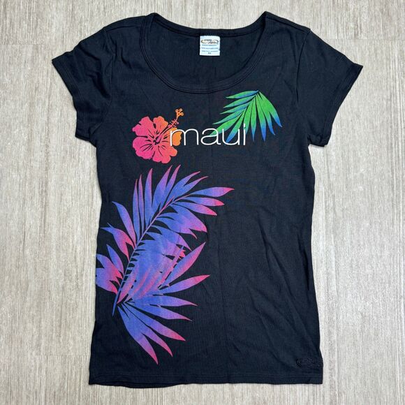 Maui Tops - Crazy Shirt Hawaii Womens XS Black Short Sleeve Maui Floral Aloha Scoop Neck